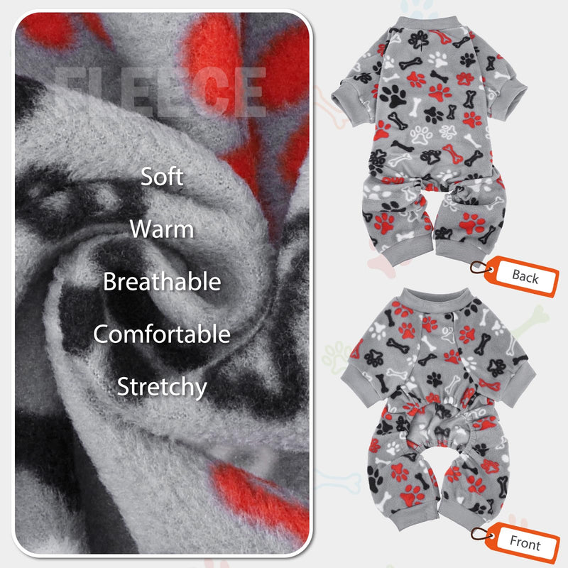 SCENEREAL Fleece Dog Pajamas for Small Medium Large Dogs, Warm Soft Puppy Jumpsuit, Adorable Bones Paw Print Pet Sweaters Clothes, Doggy Pjs Cat Coat for Boy Girl Grey(Bones & Paws) - PawsPlanet Australia