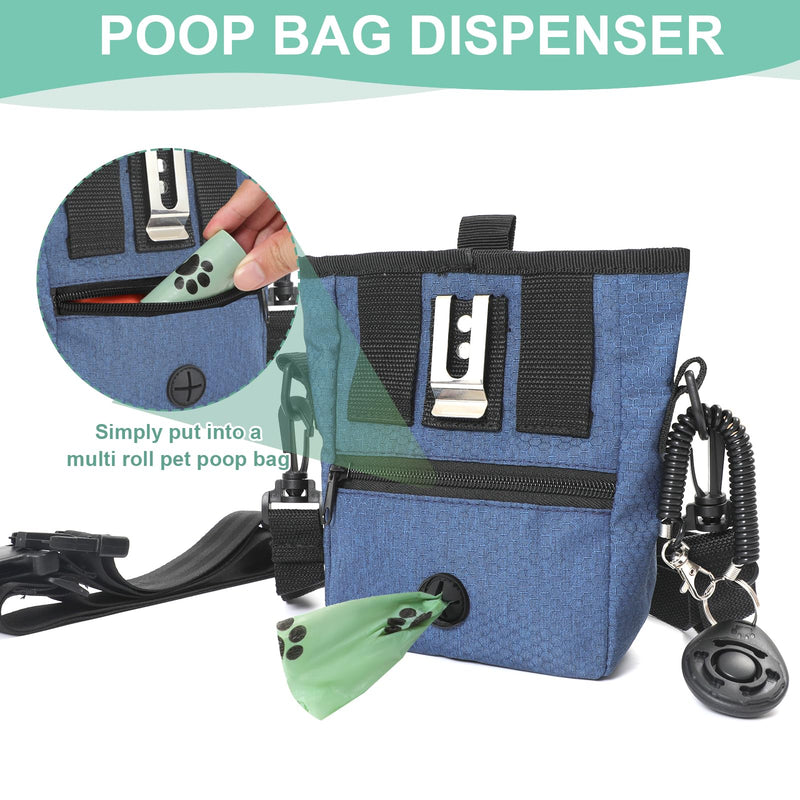 Dog Treat Pouch Magnetic Closure with Training Clicker，Hands-Free Design to Prevent Spills，Built in Poop Bag Dispenser，3 Ways To Wear，Metal Clip Waist Belt and Fanny Pack for Pet Walking（Blue） Blue - PawsPlanet Australia