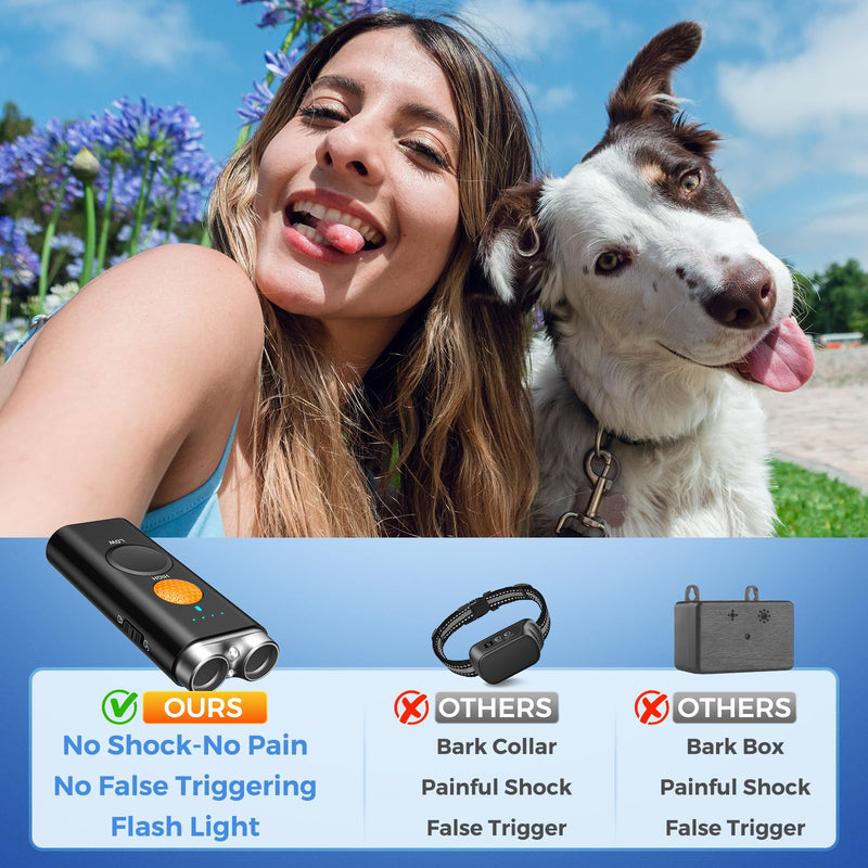 Dog Bark Deterrent Device, Anti Barking Device for Dogs Training Indoor Outdoor No More Bark Ultrasonic 2X Effective Emitters 50ft Range to Stop Neighbors Dog Barking Rechargeable for All Dogs Black