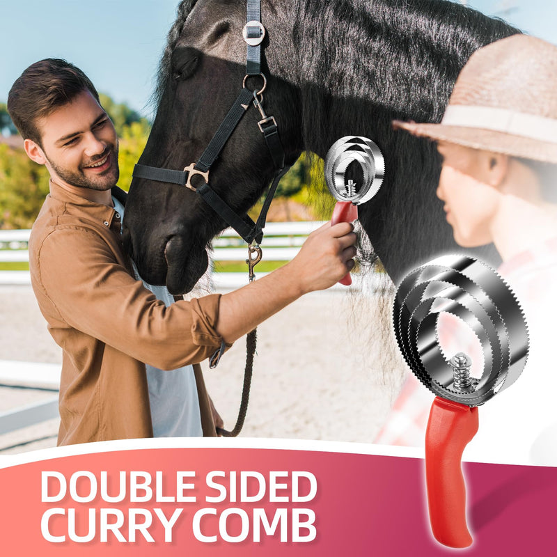 4 Rings Curry Comb Horse Brush, Reversible Stainless Steel Curry Comb Brush, Scraper With Handle Double Sided Shedding, Tool For Dog Horse Grooming Supplies (Red) Red