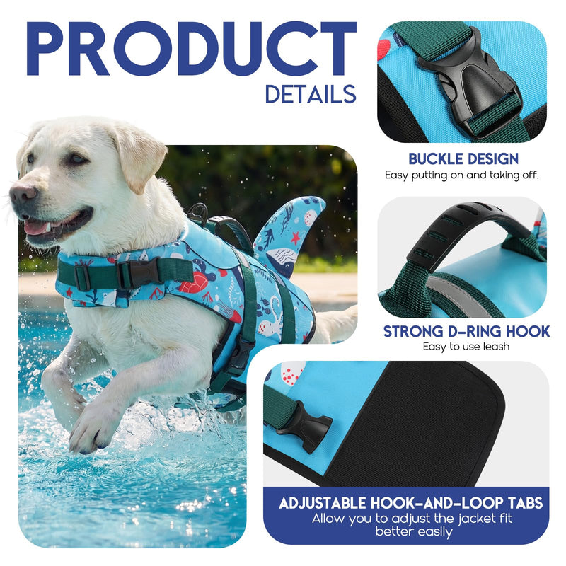 ASENKU Dog Life Jacket - Pet Safety Vest for Swimming & Boating, Shark Life Jacket with Floatation, Dog Lifesavers Swimsuits for Small Medium Large Dogs (Ocean, 2XL) XX-Large Ocean - PawsPlanet Australia
