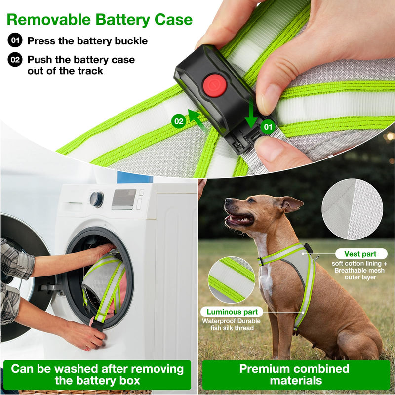 ChalkLit Light Up Dog Harness, No Pull Led Dog Harness Glow-in-The-Dark for Night Walking, USB Rechargeable Lighted Safety Vest for Medium Large Dogs, Adjustable Soft Mesh Fully Illuminated(Green, L) Green - PawsPlanet Australia