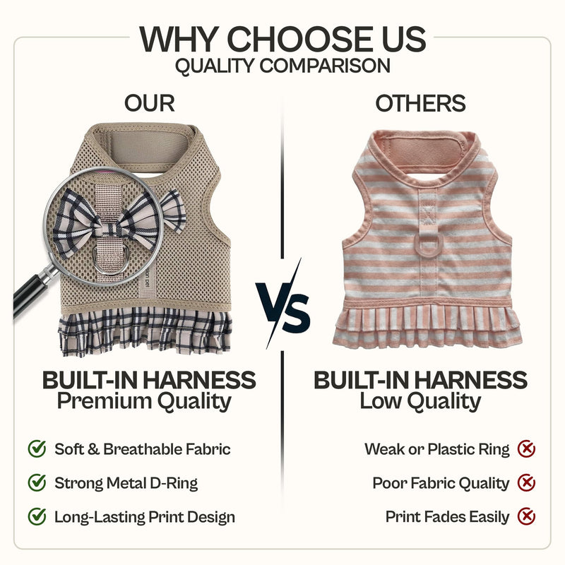 Parisian Pet Plaid Khaki Dog Harness Dress - Breathable No Pull Puppy Dress with Leash Ring - 100% Mesh Fabric Harnesses for Dogs - Soft Padded Step in Pet Vest - Dog Harness for Large Sized Dogs L Plaid/Khaki Dress - PawsPlanet Australia