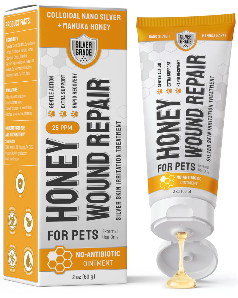 SILVER GRADE Dog Wound Care with Manuka Honey & Colloidal Silver for Scratches & Skin Irritations – Cat & Dog Hot Spot Treatment Gel Works as Honey Rapid Wound Repair for Horses – for All Pets – 2-Oz Honey Gel for Pets