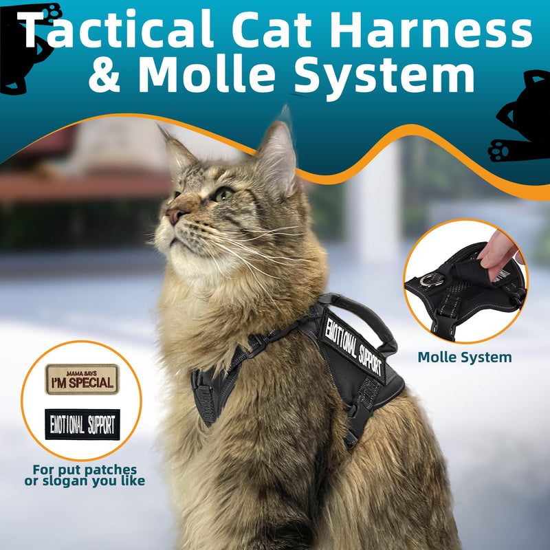 Tactical Cat Harness Black for Walking Esacpe Proof,Adjustable Soft Mesh Large Cat Vest with Rubber Handle Easy to Control,Molle Patches L