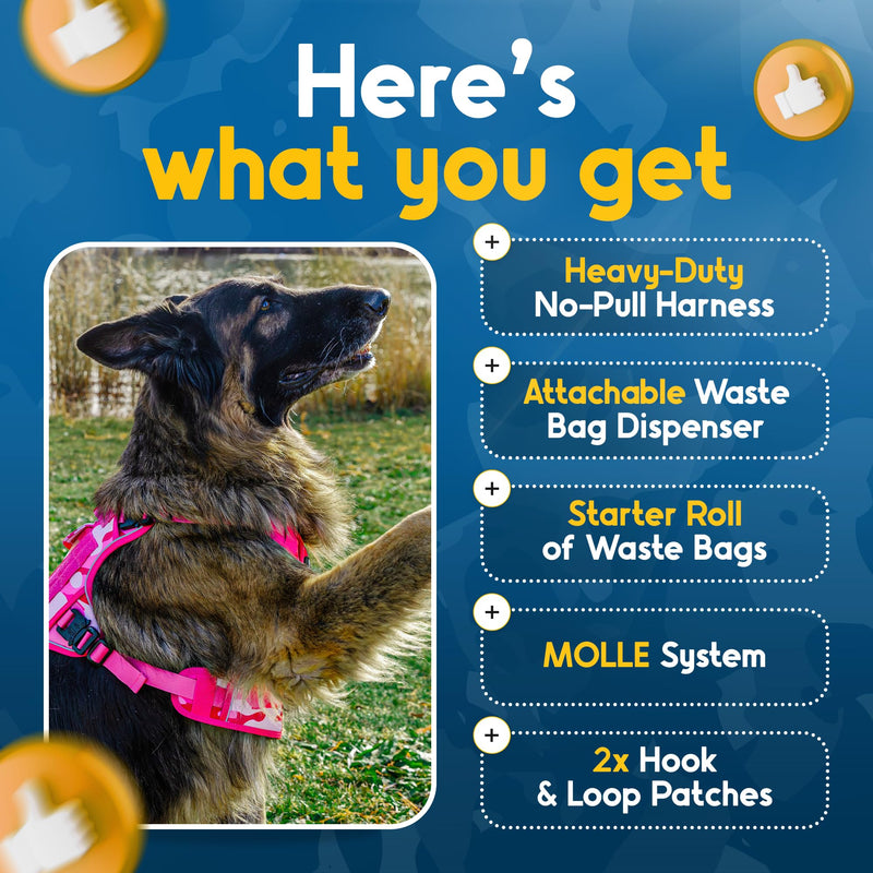 No Pull Dog Harness for Large Dogs, 4 Metal Buckles&Double Stitching CAPTAIN DOG - Reflective Harness Large Size Dog with 2 Removable Patches, Tactical Dog Harness with Poop Bag Holder - Pink Camo - PawsPlanet Australia