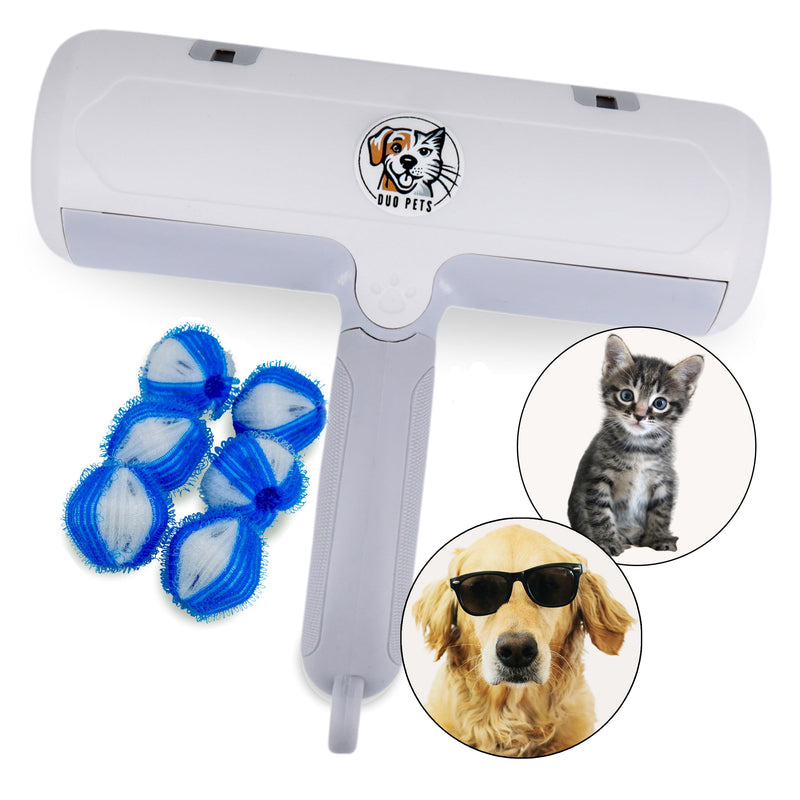 Pet Hair Remover Brush for Cats and Dogs on Sofa, Carpets, Clothes, Car, Brush, Duo Pets, Reusable No Refill, Easy Cleaning + Bonus Balls Washing Machine. white/grey - PawsPlanet Australia