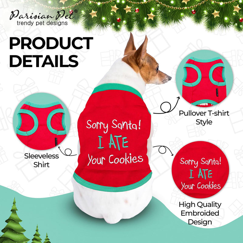 Parisian Pet Dog T-Shirt - Embroidered 'Sorry Santa I Ate Your Cookies' - Lightweight Cotton Dog Christmas Outfit - Sleeveless - 5XL - PawsPlanet Australia