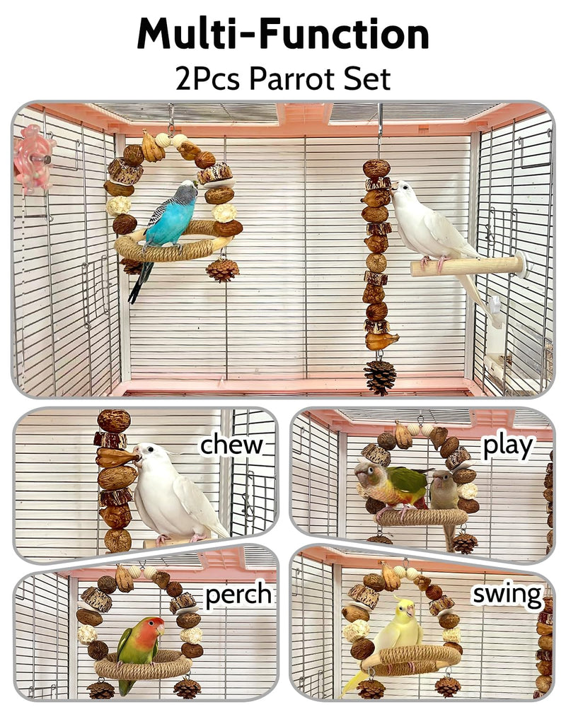 2Pcs Natural Bird Chew Toys, Wood Parakeet Swing Toys with Sisal Wrap for Claw Grinding, Hanging Safe Chew Toys for Parrot Beak Care, Multi-Play Design Cockatiel Toys for Budgie Conure Keeps Busy - PawsPlanet Australia