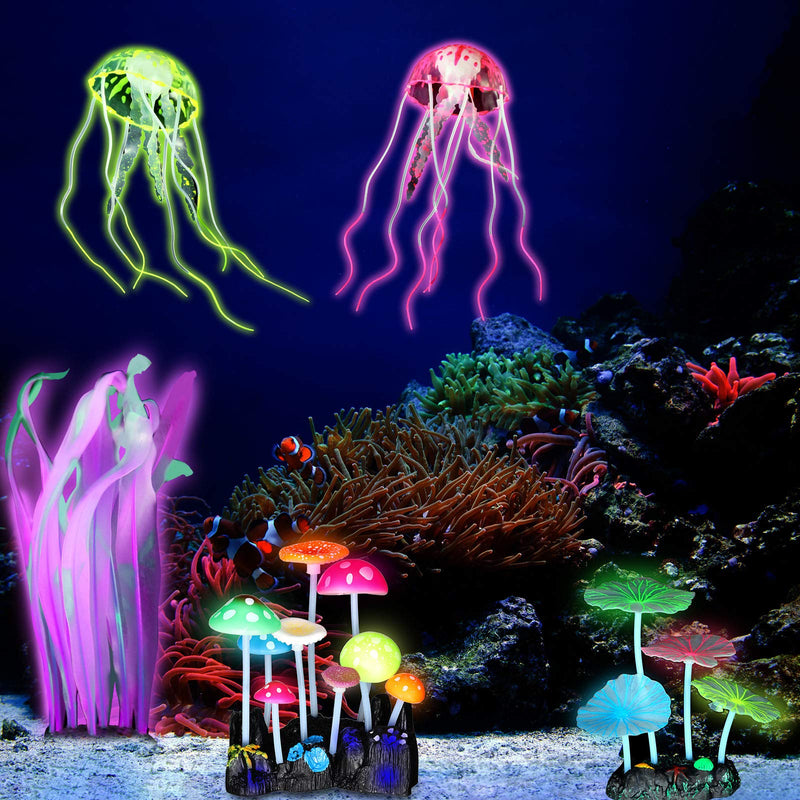 Frienda 8 Pieces Glowing Fish Tank Decorations Plants with 2 Style Glowing Kelp, Sea Anemone, Simulation Coral, Jellyfish, Lotus Leaf, Mushroom for Aquarium Fish Tank Glow Ornament - PawsPlanet Australia