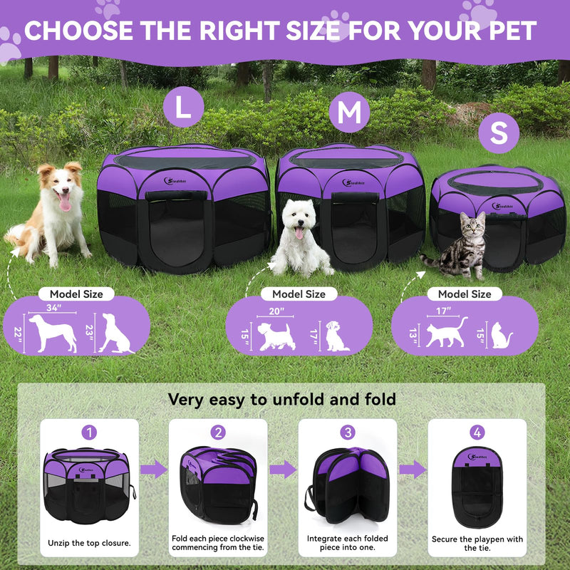 Dog Cat Playpen, Puppy Pet Playpen, Small Dogs Tent Crates Cage Indoor/Outdoor, Portable Pop Up Dog Kennel Playpen with Carrying Case for Dogs/Cats/Rabbits,Purple Purple