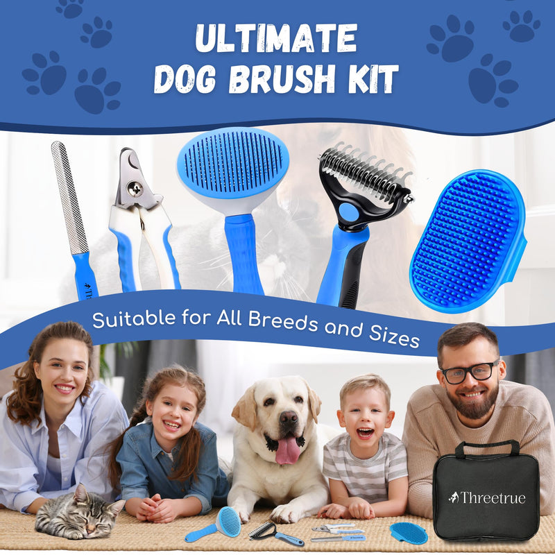 Complete Dog Brush set, 5-in-1 Grooming kit with Slicker Brush, Rubber Massage Brush, Nail Clipper, File, and Undercoat Rake. - PawsPlanet Australia