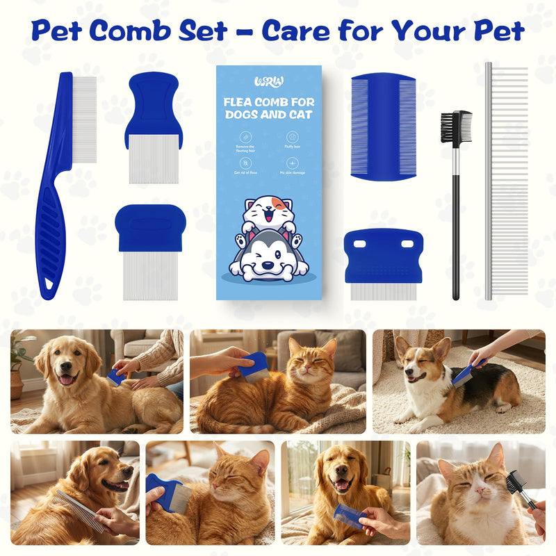 WRW 7 Pack Flea Comb,Stainless Steel Dog Cat Grooming Combs with Rounded Tooth for Remove Fleas Lice Eggs, Double Sided Tear Stain Remover, Dematting Tool for All Types of Small, Medium, Large Pets