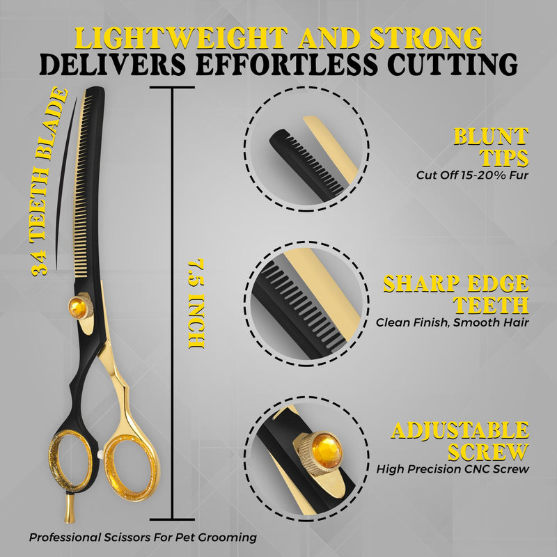 7.5” Curved Thinning Shears for Dogs and Cats – 34 Tooth Professional Pet Grooming Scissors – Smooth, Quiet Blending Shears for Face, Ears, Chest and Legs, Ergonomic Design for Home and Pro Use Golden Black Curved Thinning Scissors - PawsPlanet Australia