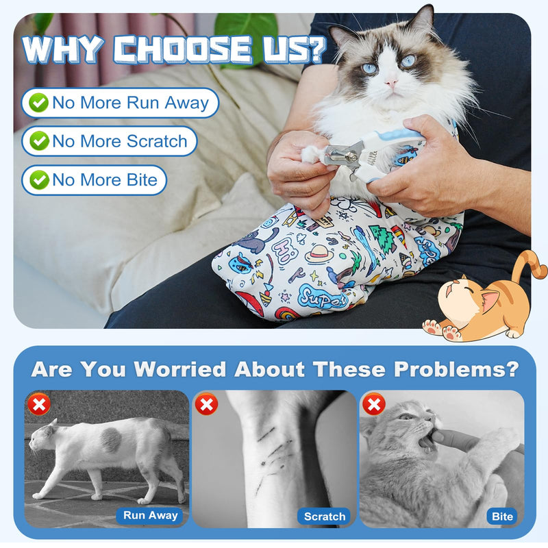 Supet Cat Grooming Wrap for Cutting Nails, 2026 Self-Adherent Anti-Escape Calming Cat Swaddle Wrap for Medicine, Nail Clipping, Teeth Brushing, Ear Cleaning (Cartoon, XL) XL-31.5in ( Weight:＜ 25lbs ) Cartoon