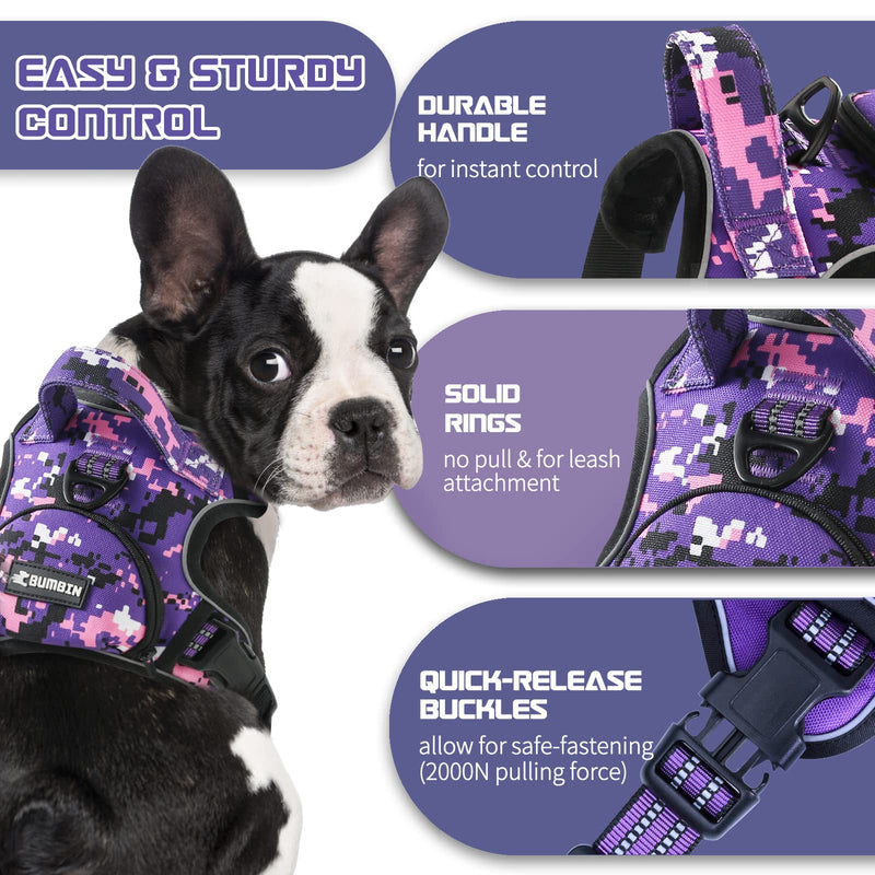 No Pull Dog Harness for Medium Dogs, Adjustable No Choke Pet Vest with Dog Leash Fit Smart Reflective Pet Walking Harness for Training Easy Control Soft Handle Purple Camo M - PawsPlanet Australia