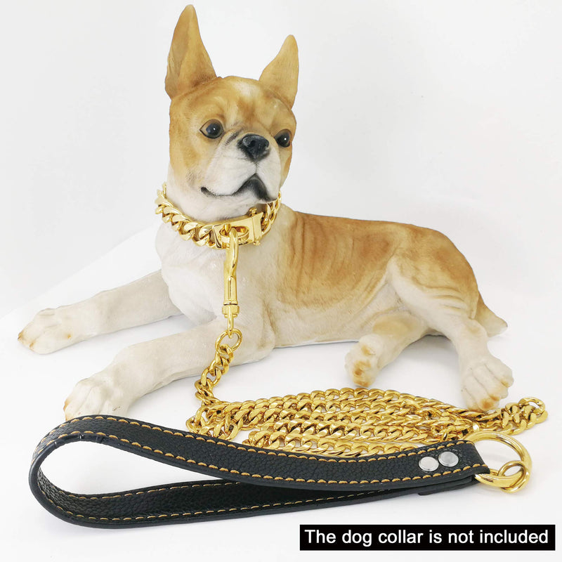 Chain Dog Leash Metal Chew Proof Leash, Leather Handle 11mm Gold 18K 4.5FT Heavy Duty Pet Leash Chain, with Padded Handle for Large Medium Small Dogs (Totally Length of 4.5FT)