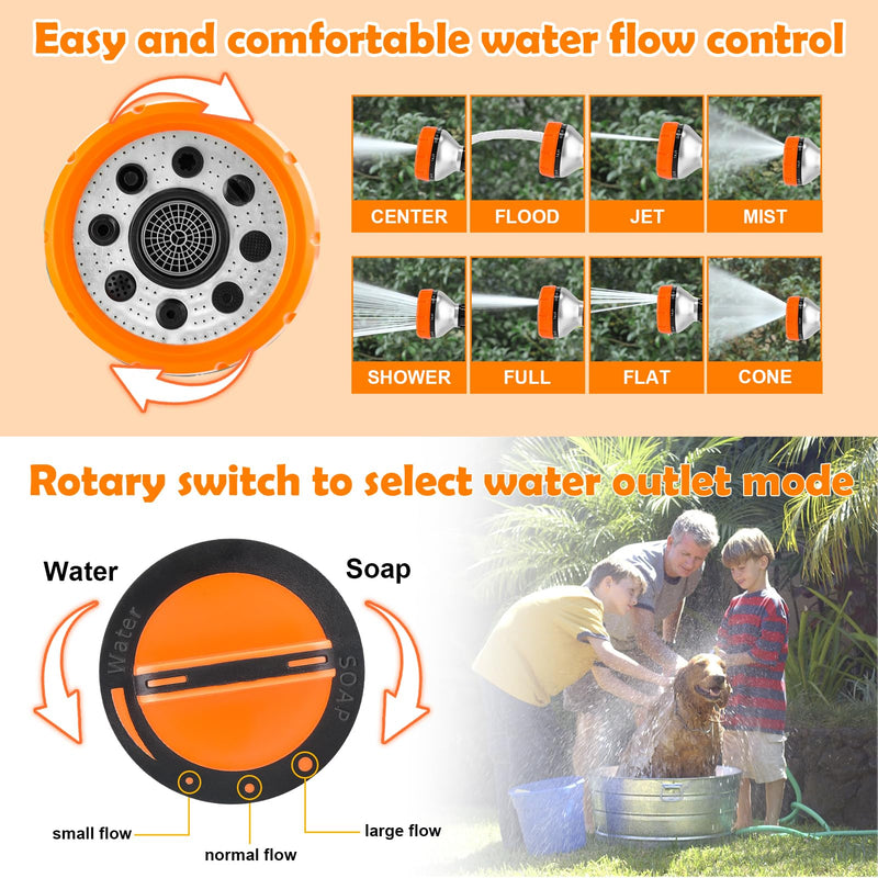 Upgrade Dog Washing Hose Attachment with Replacement Soap Bottle, 8 Spray Patterns Dog Wash Hose Attachment with Dog Washing Gloves, Suitable for Watering Plant, Patio, Cleaning, Showering Pet Orange-2 - PawsPlanet Australia