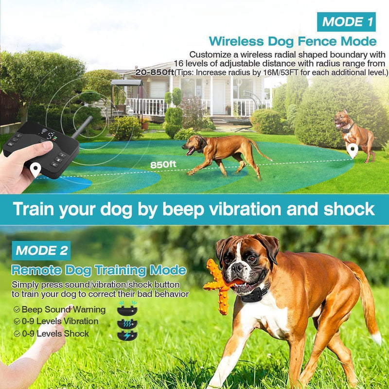 Wireless Dog Fence, 2-in-1 Electric Dog Fence System for 2 Dogs with Training Collar & Remote, IP65 Waterproof, 2023 Safety Pets Containment System for All Dogs, Cover Up to 8 Acre(20-850ft) - PawsPlanet Australia