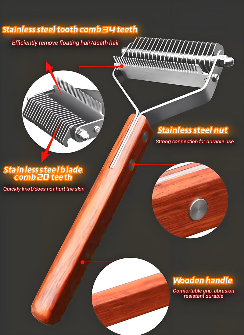 Pet Dematting Comb – 20-Tooth Stainless Steel Grooming Rake for Dogs & Cats, Effective for Medium to Long-Haired Breeds, Tangle & Shedding Control, Anti-Slip Wooden Handle - PawsPlanet Australia