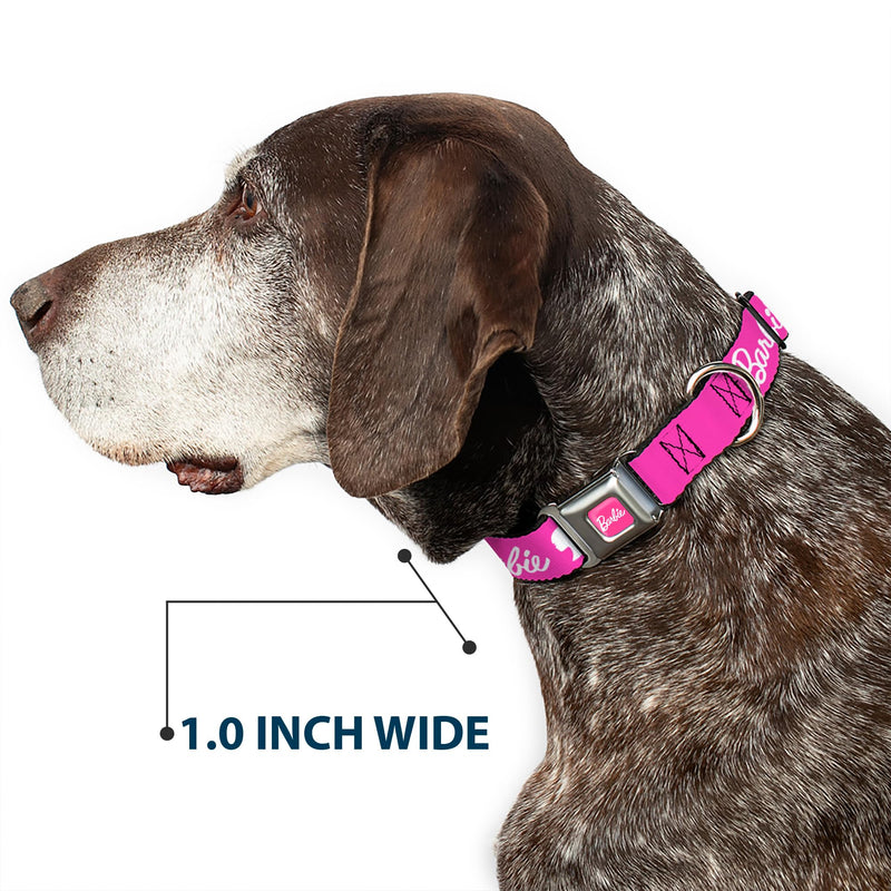 Mattel Easy Adjustable Metal Seatbelt Buckle Quick Release Dog Collar, Barbie Script Signature Logo and Silhouette Hot Pink White, 16 to 23 Inches 1.5 Inch Wide 1.5" Wide - Fits 16-23" Neck - Medium - PawsPlanet Australia