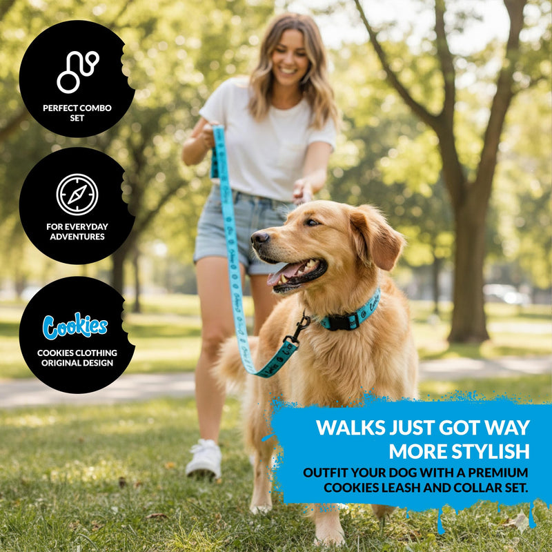 Cookies Original Logo Dog Leash & Collar Set – Adjustable Collar with Leash for Small Dogs, Heavy-Duty Metal Clip, Comfortable Fit, Stylish Dog Accessories for Walking & Training – Black, Small