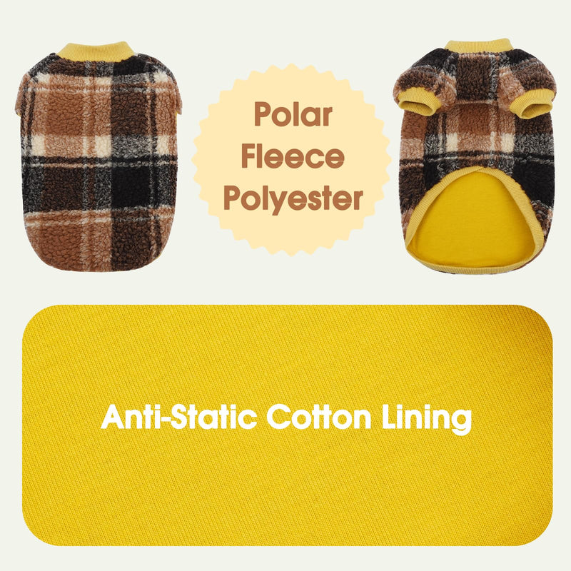 DENTRUN Cat Sweater Winter Clothes - Plush Fleece Coat with Cotton Lining, Anti-Static, Front Legs Kitten Pajamas, Stretch Ribbed Cuffs for Warmth, Cozy Christmas Outfit for Small Medium Large Cats X-Large Yellow Plaid - PawsPlanet Australia