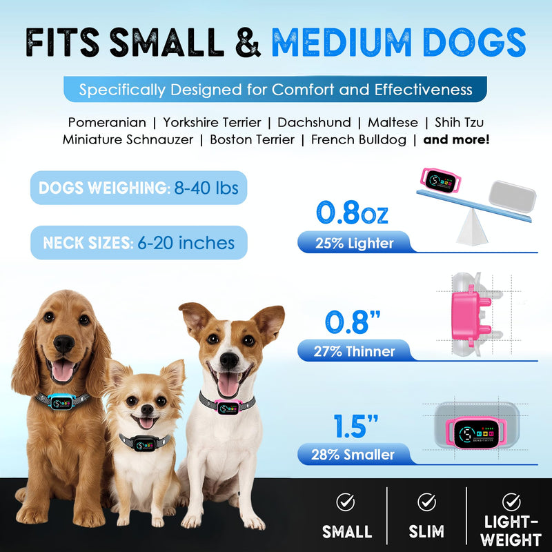 Bark Collar for Small Dogs 8-40 lbs – No Shock Anti Barking Collar with AI Chip – 3 Modes & 5 Sensitivity Levels – Waterproof, Rechargeable, Magnetic Charging – Humane, Effective Training (Pink) Pink