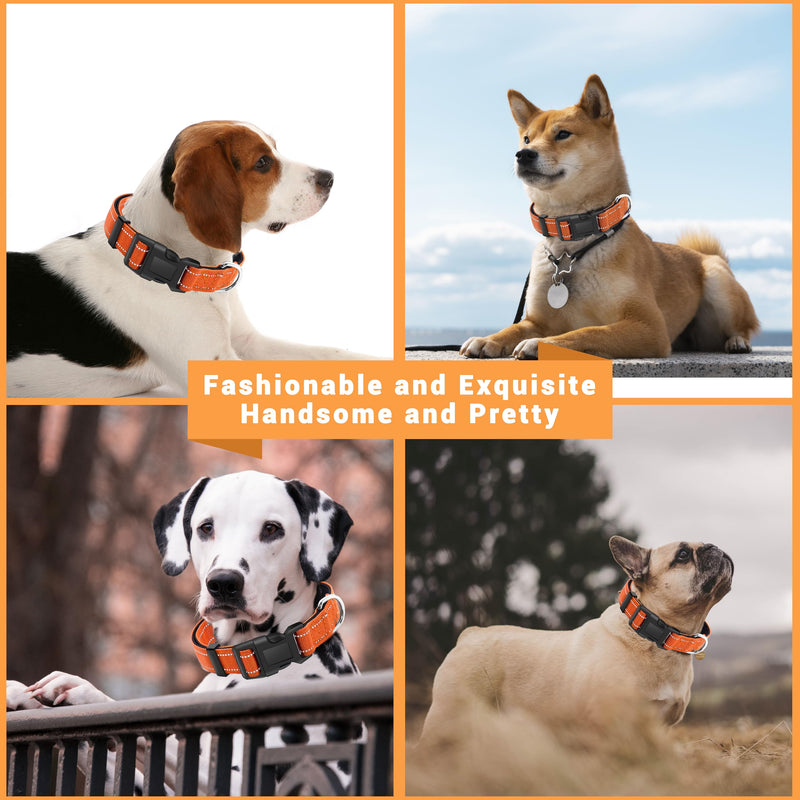 2 Pack Reflective Dog Collar with Safety Locking Buckle, Adjustable Soft Breathable Comfortable Nylon Pet Collar for Small, Medium and Large Dogs, Orange, M Medium (Width 1") A-Orange(2 Collars)