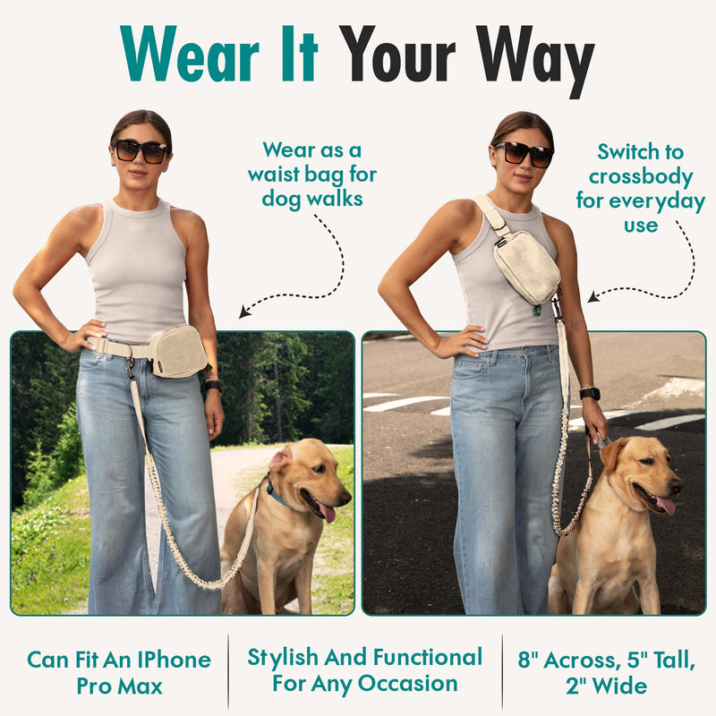 Hands Free Dog Leash with Dog Treat Pouch - Stylish & Trendy Waist Leash for Dog Walking - Wear Around The Waist or Crossbody - Durable & Detachable - Shock Absorbing - Waste Bag Dispenser Ivory - PawsPlanet Australia