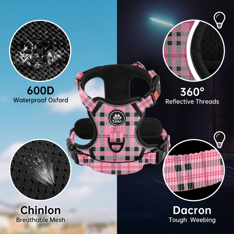 NESTROAD No Pull Dog Harness with Leash, Reflective No Choke Pet Vest Harness,Adjustable Soft Padded Dog Harness with Easy Control Handle for Medium Dogs(Checkered Pink,Medium) ?M?neck 13-17" chest 17-25" Checkered Pink - PawsPlanet Australia