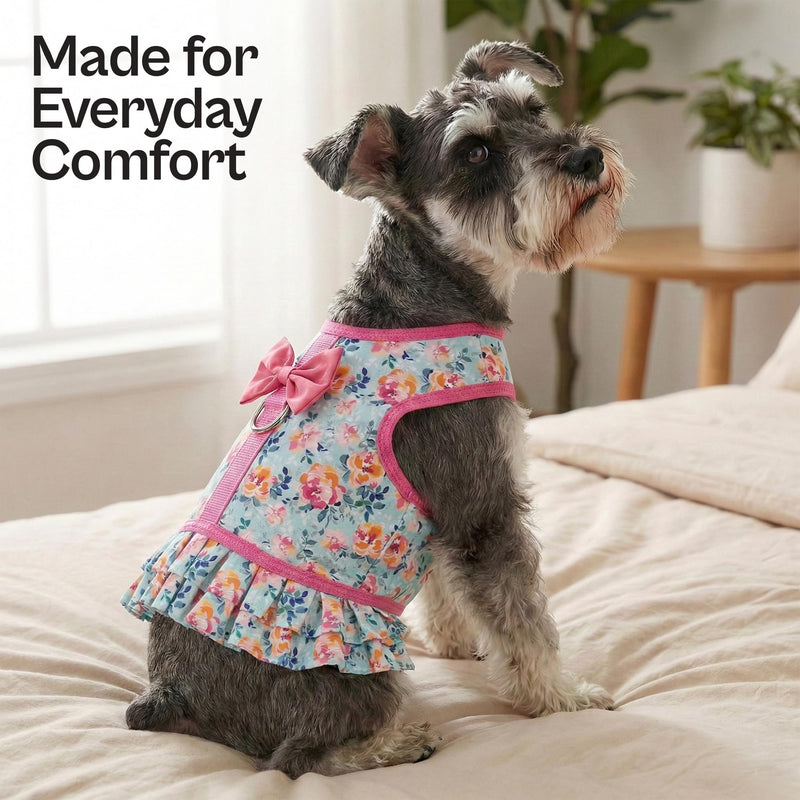 Parisian Pet Floral Dog Harness Dress - Breathable No Pull Puppy Dress with Pink Bow and Leash Ring - 100% Mesh Fabric Harnesses for Dogs - Soft Padded Step in Pet Vest - Dog Harness for Large Dogs XL Spring Blossoms