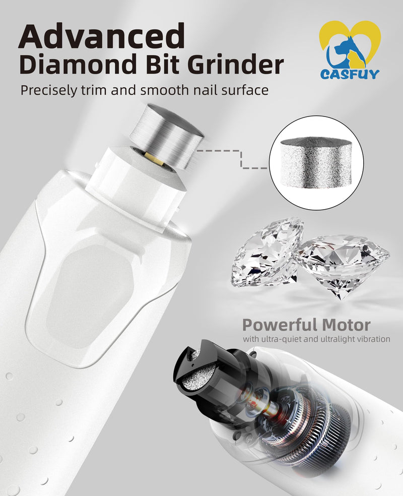 Casfuy Dog Nail Grinder Quiet - (45db) 6-Speed Pet Nail Grinder with 2 LED Lights for Large Medium Small Puppy Dogs/Cats, Professional 3 Ports Rechargeable Electric Dog Nail Trimmer with Dust Cap White - PawsPlanet Australia
