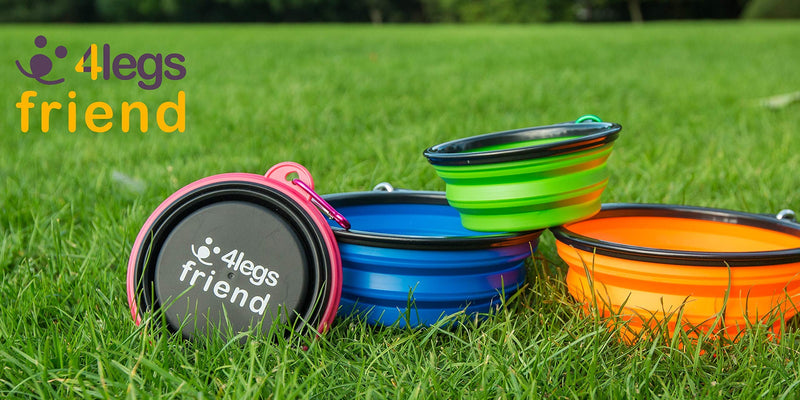 4LegsFriend Pet Bowls with Carabiner Clips | BPA Free Food Grade Silicon for Dog and Cat Expandable Travel Bowls Comes in 2 Sizes | Pop Out Dog Bowls Small Yellow + Black - PawsPlanet Australia