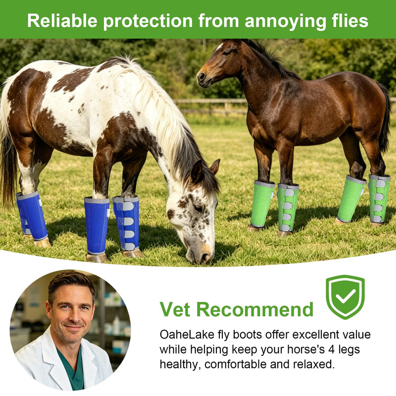 Reflective Horse Fly Boots Set of 4, Breathable Adjustable Equine Fly Leg Wraps for Horses, Universal Fit Loose Fitting Leggings with Stay Put Design (Green) Green