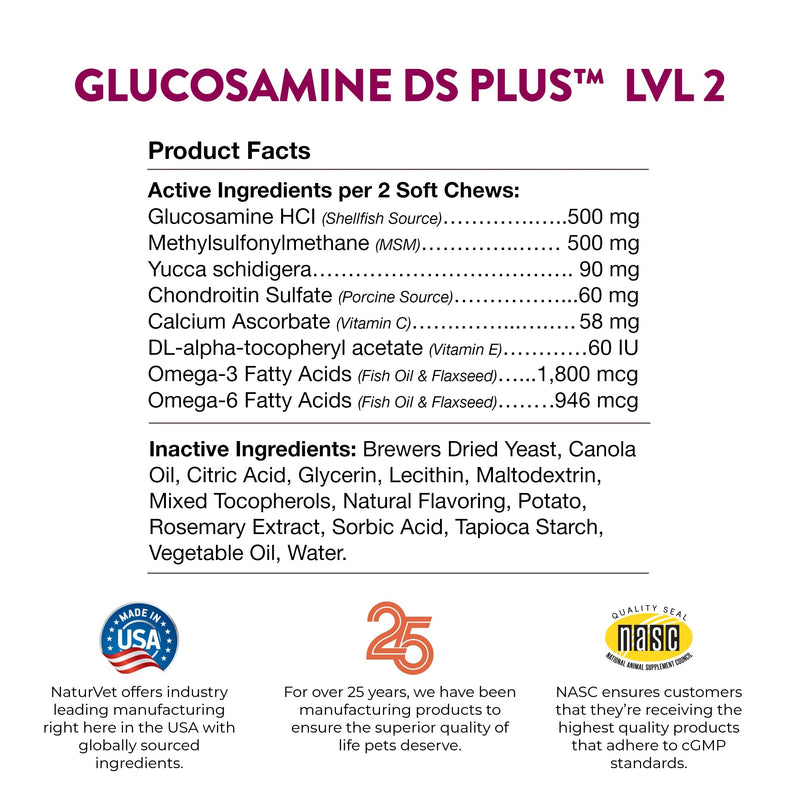 NaturVet – Glucosamine DS Plus - Level 2 Moderate Care – Supports Healthy Hip & Joint Function – Enhanced with Glucosamine, MSM & Chondroitin – for Dogs & Cats–120 Soft Chews Glucosamine-DS Level 2 120 Soft Chews