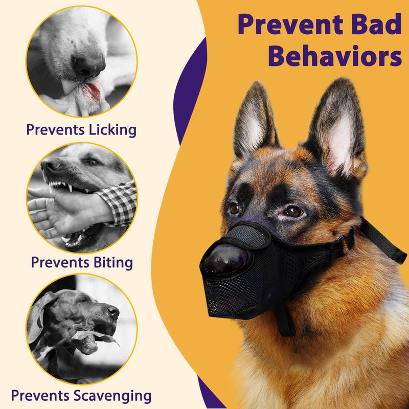 LUCKYPAW Dog Muzzle, Patented Mesh Muzzle for Large Medium Small Dogs Allows Full Pant Drinking Mouth Cover to Prevent Biting Chewing Scavenging Adjustable Breathable Mouth Guard(Black,XXL) Black XXL-Snout:12.25-13.75" - PawsPlanet Australia