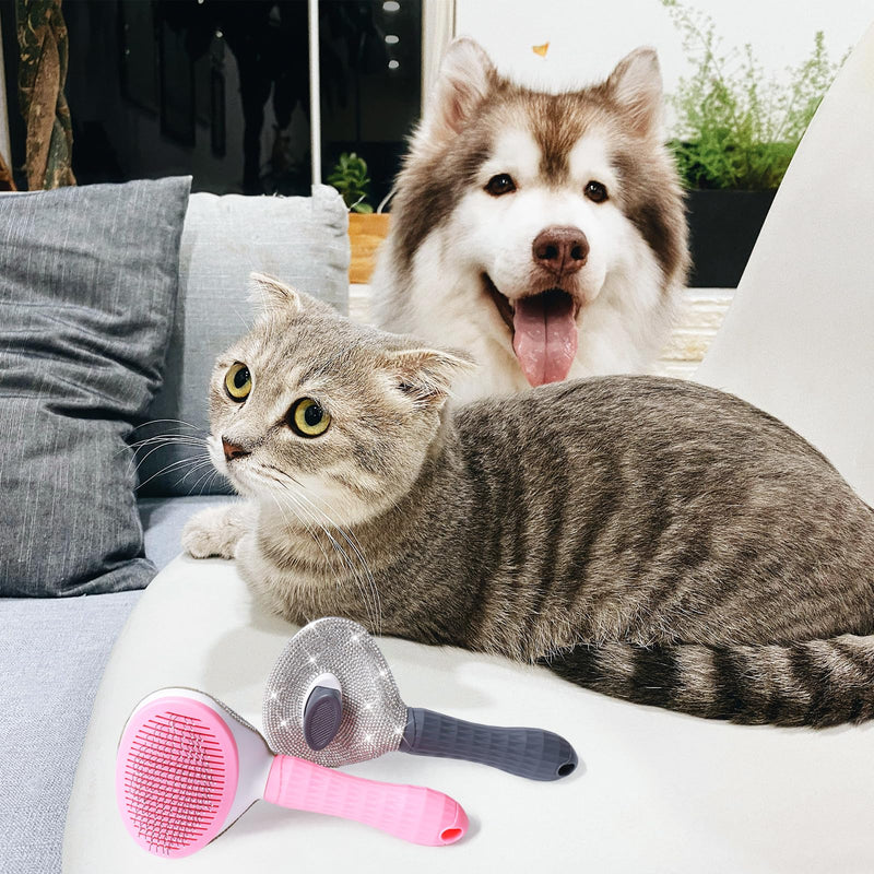 Full Diamonds Self Cleaning Slicker Brush for Dogs & Cats, Skin Friendly Grooming Cat Brush, Dog Brush for Shedding, Deshedding Brush, Rhinstone Hair Brush Puppy Brush for Haired Dogs,Pink Pink - PawsPlanet Australia