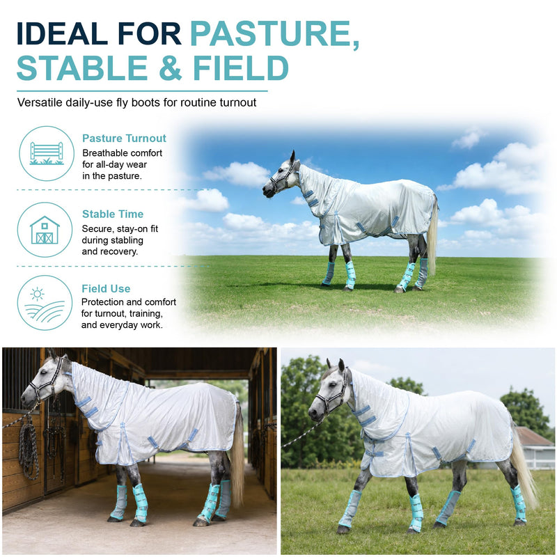 Horse Fly Boots Set of 4 - No-Rub Airflow Mesh Leggings to Reduce Stomping - Stay-on Breathable Horse Leg Wraps for Pasture, Stable & Field Green Full