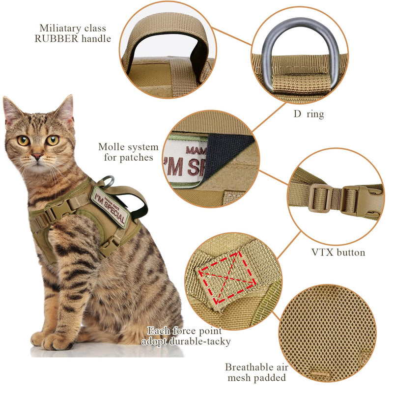Tactical Cat Harness for Walking Escape Proof, Soft Mesh Adjustable Pet Vest Harness for Large Cat,Small Dog (Medium, Khaki) Medium