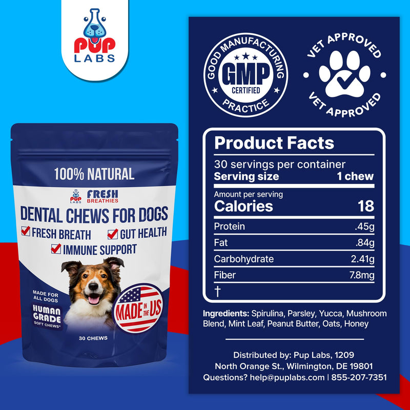 Fresh Breathies, All-Natural Dental Chews for Dogs, Dog Breath Treatment That Supports Gut Health and Immune System, Dog Teeth Cleaning Chews, Dental Treats for Dogs Made in The USA, 30 Count Bag