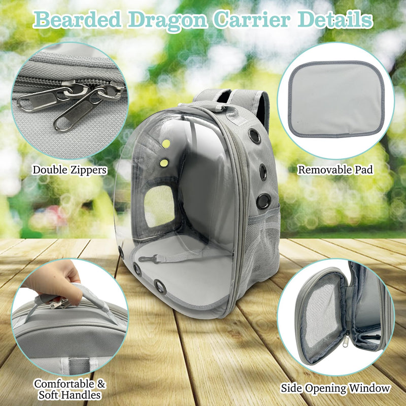 PINVNBY Bearded Dragon Carrier Backpack with Harness and Leash Set Large Reptile Travel Carrier Portable Lizard Backpack Clear Bubble Window Small Animal Carrying Bag for Gecko Kitten Rabbit (Gray) Gray - PawsPlanet Australia