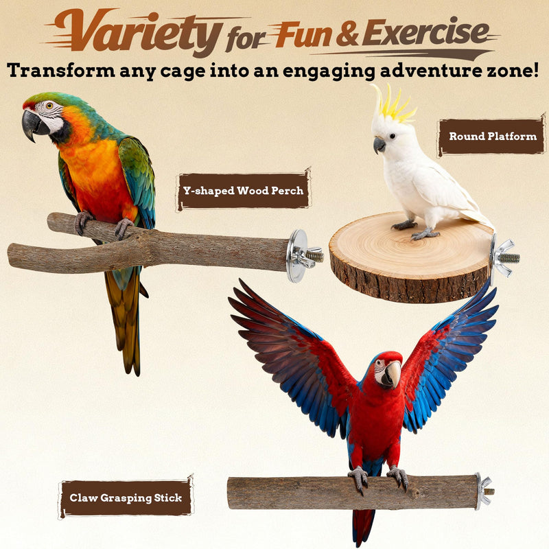 6 PCS Bird Perch Set, Natural Birch Wood Straight & Forked Perches with Platforms for Parakeets, Cockatiels, Conures, Lovebirds - Cage Accessories for Climbing & Exercise BMU6