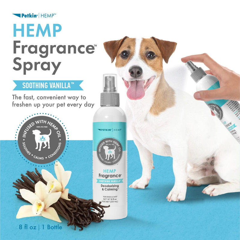 Petkin Hemp Fragrance for Dogs and Cats - With Hemp Oil & Soothing Vanilla Extract, 8 oz - Soothes, Calms & Conditions - Keeps Pet Smelling Great - For Home, Travel & Use on Pet Bedding