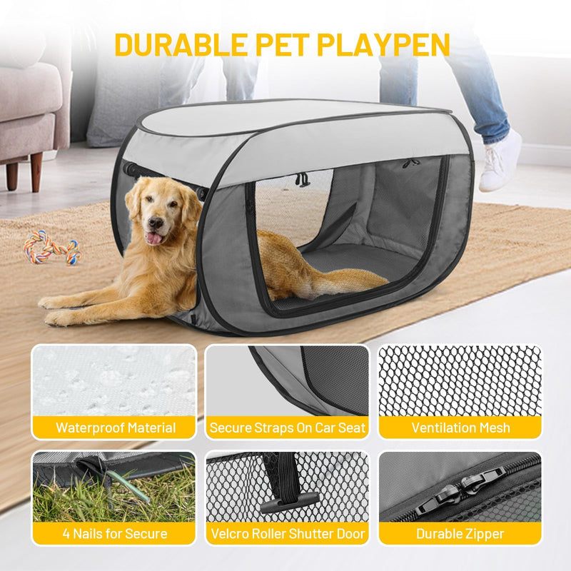 Cat Dog Playpen, Puppy Kitten Pet Playpen Indoor/Outdoor,Portable Soft Pop Up Dog Kennel Crate with Zipper Cover Door/Carrying Case M Grey - PawsPlanet Australia