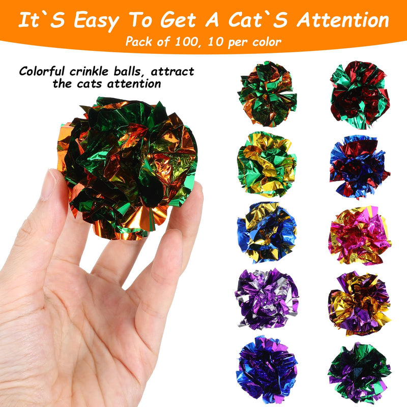 100PCS Crinkle Cat Toys, Colorful Polyester Film Crinkle Balls for Cats, 2.36 Inch Interactive Chew and Chase Cat Ball Toys for Kitten Exercise and Indoor Play - PawsPlanet Australia