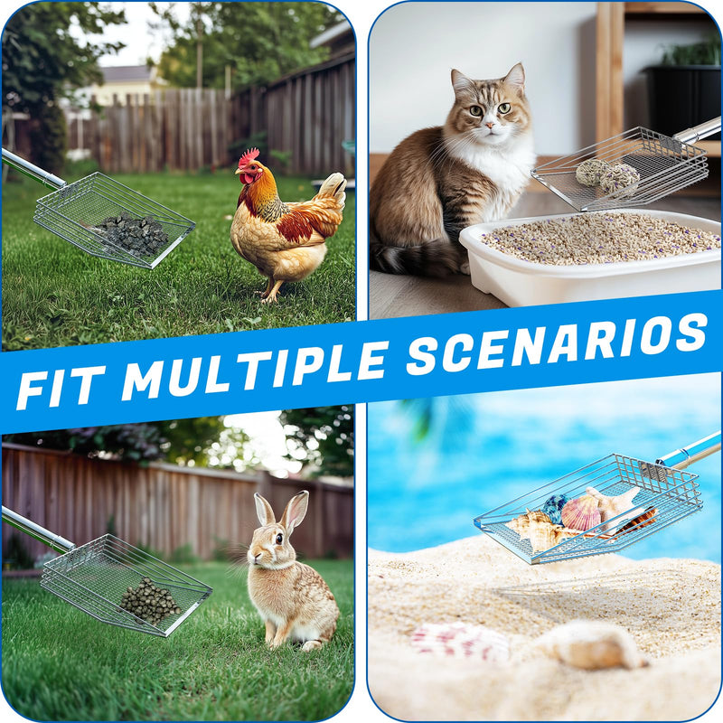 Chicken Poop Scooper, 304 Stainless Steel Shovel Head, 4-in-1 Chicken Litter Scoop with Handle for Chicken Coop & Pet Waste Cleaning, Multifunctional Litter Sifting Shovel(20 to 49") - PawsPlanet Australia