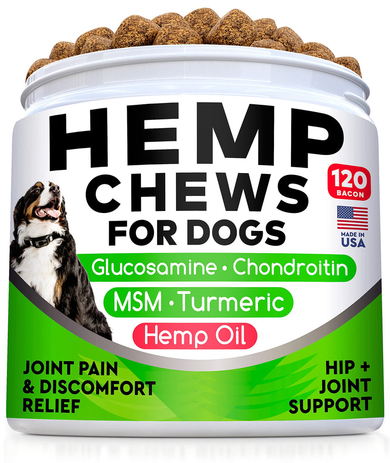 Hemp Chews for Dogs - Glucosamine Chondroitin for Dogs Joint Pain Relief with Hemp Oil, Hip & Joint Supplement Dogs, MSM Turmeric for Dogs Mobility, Dog Joint Supplement, Hemp Dog Treats Joints Health 120 Ct ( Bacon ) (Hip & Joint) Hemp Chews