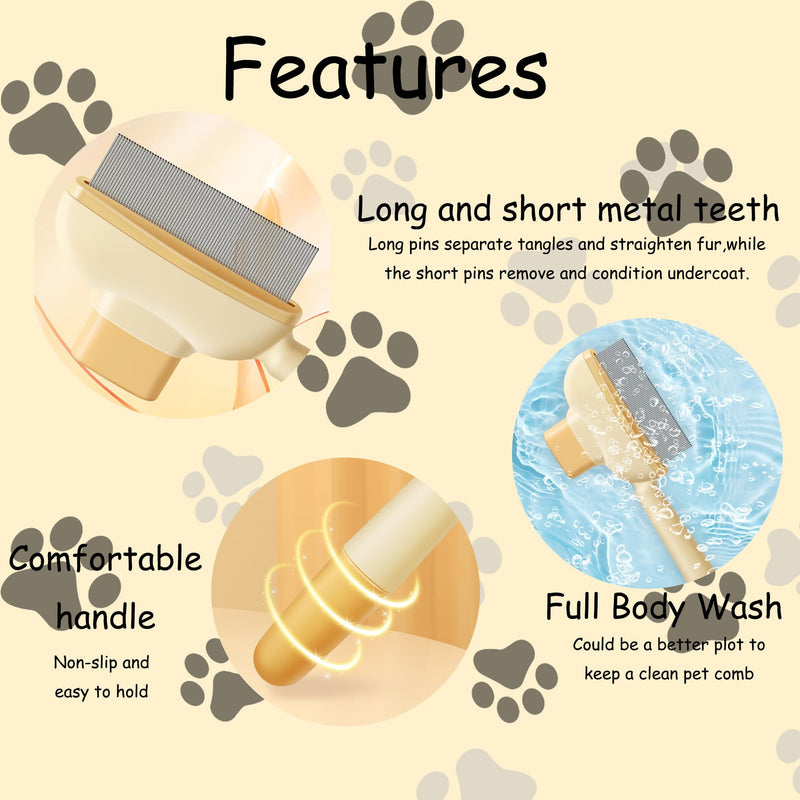 2Pcs Pet Comb Flea Comb for Cats Dogs,Self-Cleaning Cat Grooming Brush with Release Button and Stainless Steel Round Teeth,Detangling Long and Matted on Cats and Dogs(Yellow+Green)
