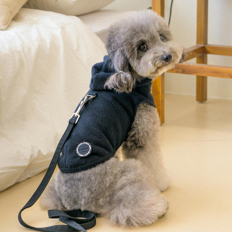 Puppia Zuko Warm Winter Hooded Polar Fleece Shirts with Integrated Harness for Small and Medium Dogs, Black, Medium - PawsPlanet Australia